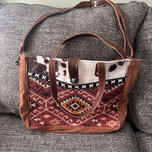 Myra Bag Brown and Red Patterned Tote Bag